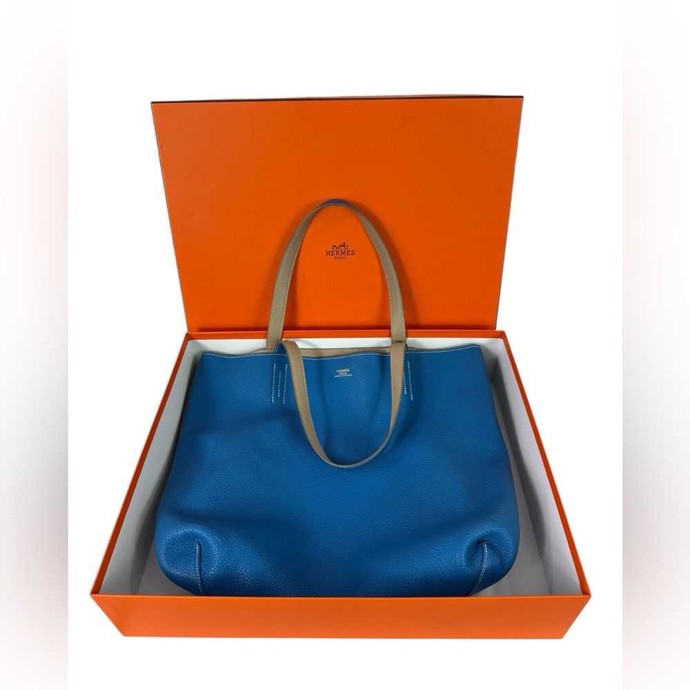 HERMES Clemence Double Sens 45 Reversible Blue Taupe Taurillon Leather Tote Bag